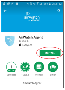 Google Play: AirWatch installation screen with Install circled