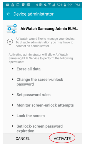 Device administrator screen with Activate button circled
