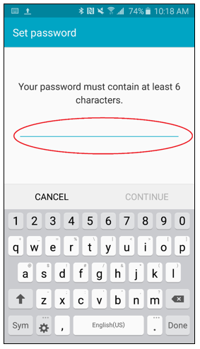 Set password screen with password field circled