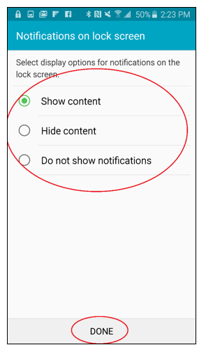 Notifications on lock screen screen, with Show content option selected, and Done button circled