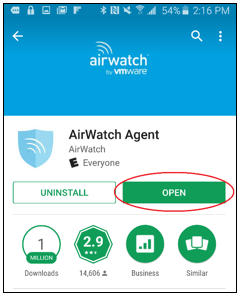 AirWatch installation screen with Open button circled