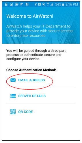 AirWatch welcome screen, Email address button circled