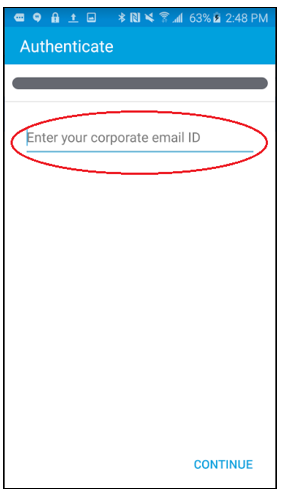 Authenticate screen with Enter your corporate email ID circled