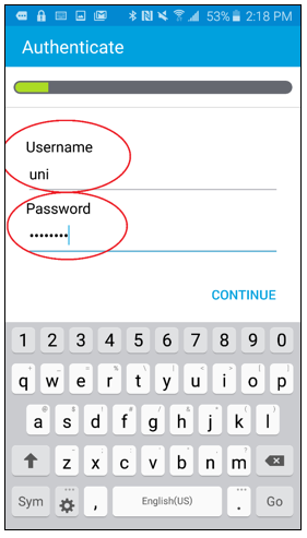 Authenticate screen with Username and Password fields circled