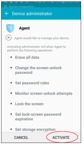 Device administrator screen with Activate circled