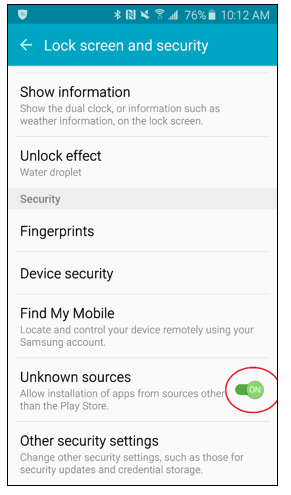 Lock screen and security, with ON selected for Unknown sources