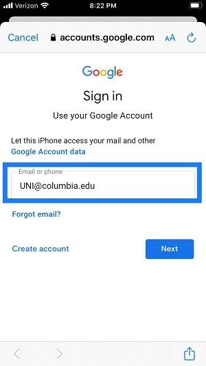 Google Sign in screen with Email or phone field circled, and UNI@columbia.edu entered in the field.