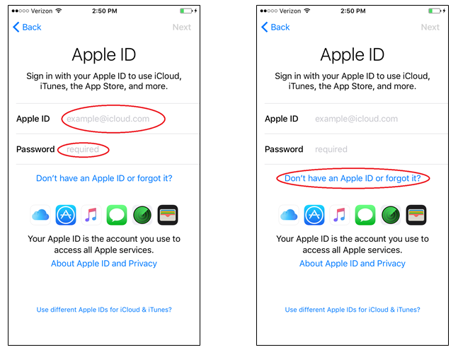 Apple ID screen with Apple ID and Password fields circled; Apple ID screen with Don't have an Apple ID or forgot it? button circled