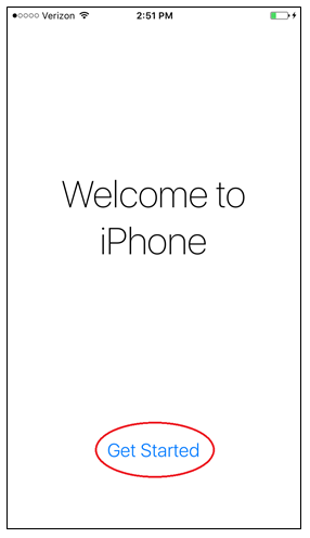 iPhone welcome screen with Get Started button circled