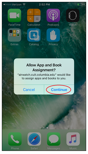 Allow App and Book Assignment pop-up, Continue button circled