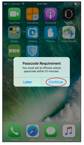 Passcode Requirement pop-up with Continue circled