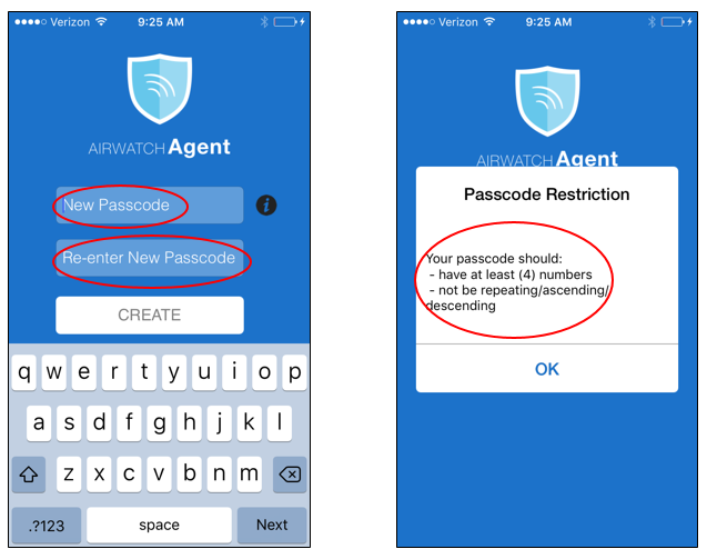 AirWatch Agent screen with Passcode fields circled. Passcode Restriction pop-up with passcode requirements circled.