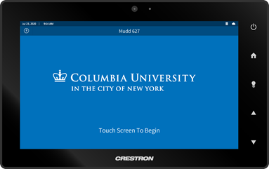 Crestron AV touch screen panel on start screen: display shows Columbia University logo