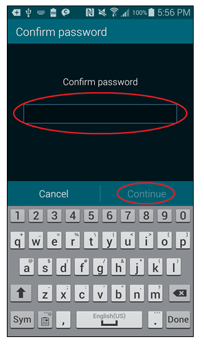 Confirm password screen with Confirm password and Continue circled