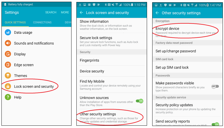 Android Settings screen, Lock screen and security item circled; Lock screen and security screen, Other security settings cirlced. Other security settings screen, Encrypt device circled.
