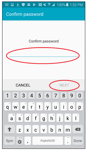 Confirm password screen, Confirm password and Continue button circled