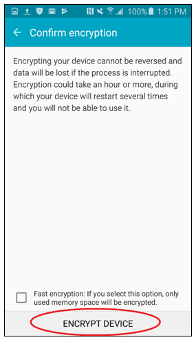 Confirm encryption screen, Encrypt device button circled