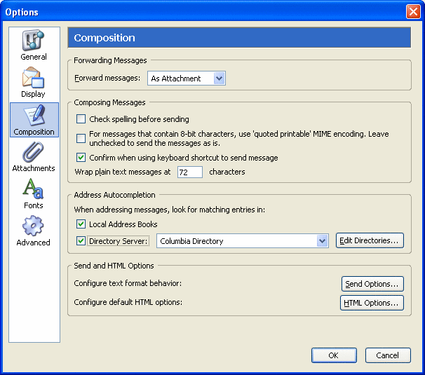 Select Directory Server in the Address Autocompletion section and select Columbia Directory Select Directory Server in the Address Autocompletion section and select Columbia Directory