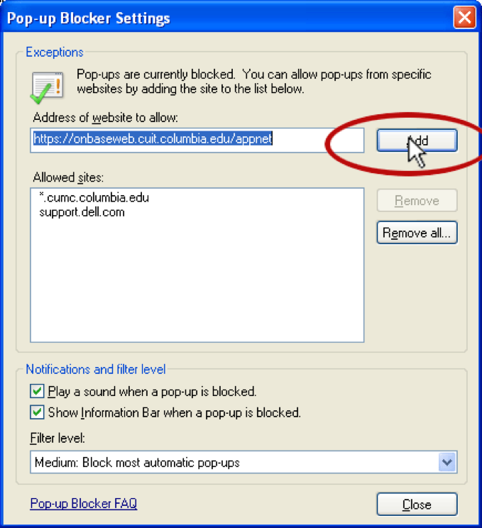 Step 5 Pop-Up Blocker Instructions Step 5 Pop-Up Blocker allowed Screenshot