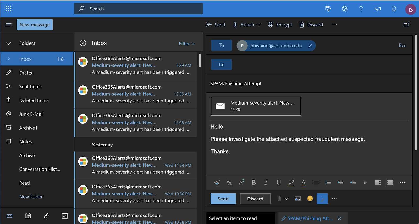 Send the message (with attachment) to phishing@columbia.edu.