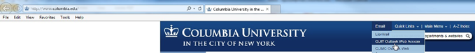 Image of Columbia homepage with Email dropdown displayed in upper right corner