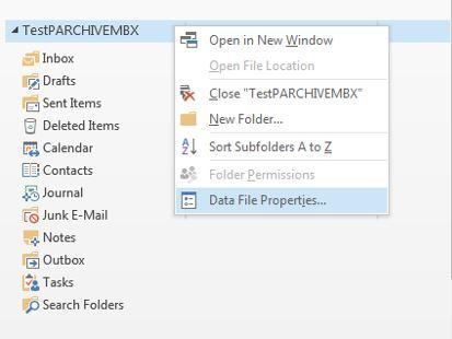 Image of drop-down menu from right-clicking on your inbox name, Data File Properties selected