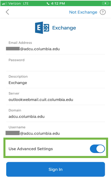 Screenshot of the Outlook mail application with Exchange email information entered. "Use Advanced Settings" has been selected at the bottom of the screen. 