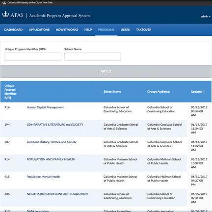 Academic Program Approval System (APAS) application screenshot