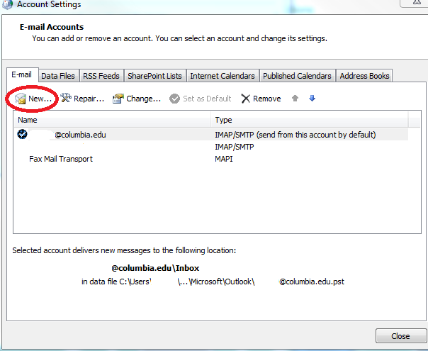 Account Settings window, New circled