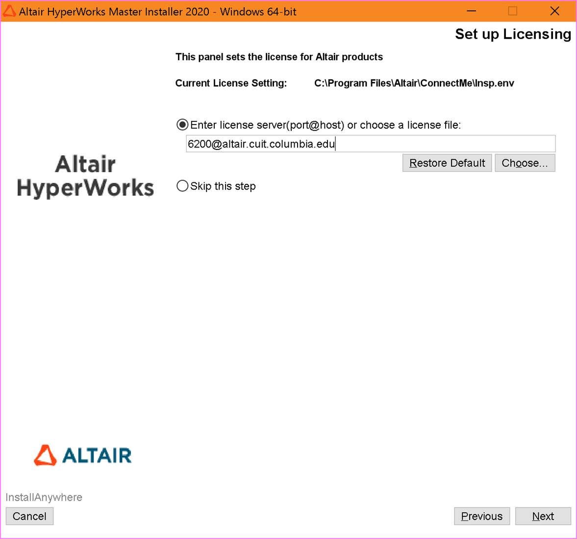 Altair's Set up licensing window: Select Enter license server option and enter 6200@altair.cuit.columbia.edu