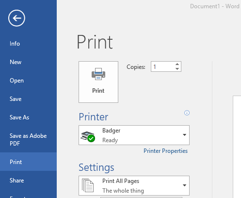 Print window with Badger selected as Printer location