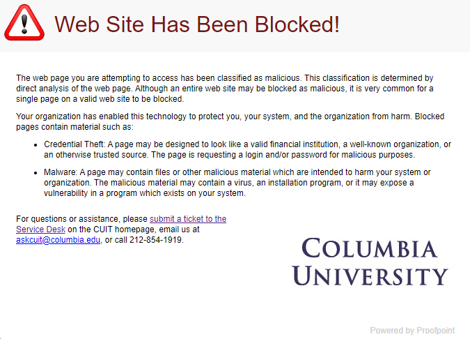 URL Defense notification: "Web Site Has Been Blocked!"