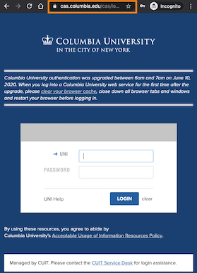 CAS login screen with cas.columbia.edu URL