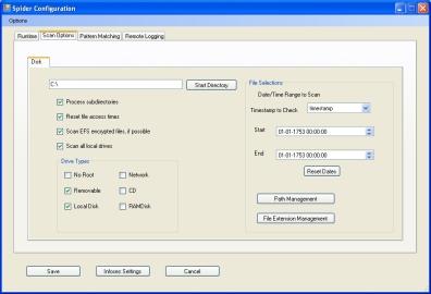 CUSpider screenshot of the Spider Configuration dialog focused on Scan Options tab