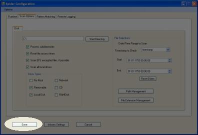 CUSpider screenshot of the Spider Configuration dialog with a highlight of the Save button