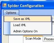 CUSpider screenshot focusing on the Save As XML pulldown menu item in the Options pulldown menu,