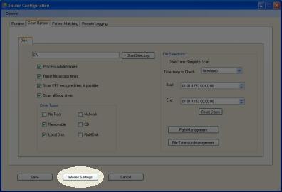 CUSpider screenshot of the Spider Configuration dialog with a highlight around the Infosec Settings button