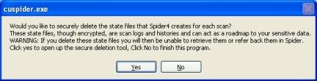 Screenshot of CUSpider dialog box asking whether the user would like to delete the Spider State files database