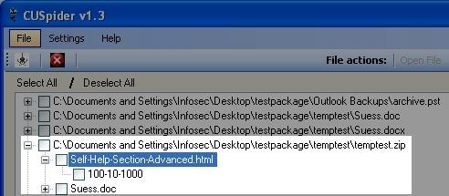 CUSpider screenshot highlighting display of inbox name, and email subject and timestamp of a hit's location as subnodes of an email archive search result in the treeview