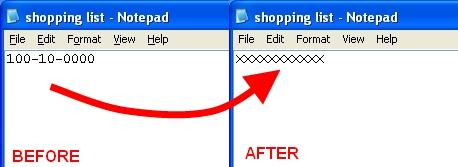 Two screenshots, side by side, captioned Before and After, of the same text file opened in Notepad to illustrate CUSpider's redaction function. The left screenshot shows a sample social security number. A super-imposed arrow points from the sample SSN to the second screenshot of the same file open, but the sample SSN has been replaced with all X's.