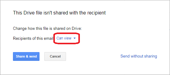 Select the level of collaboration access you would like to provide by clicking the dropdown next to "Recipients of this email" (or calendar invite).