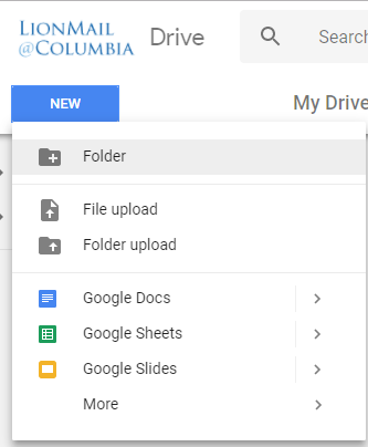 Folder is the first option in the "New" dropdown in Drive's upper-left corner.
