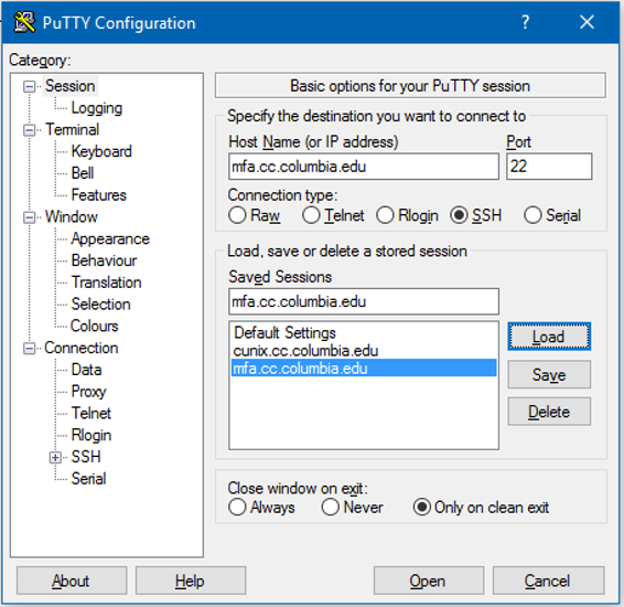 PuTTY Configuration page with Load button highlighted