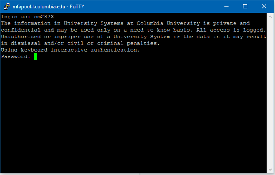 PuTTY window with "Password" prompt
