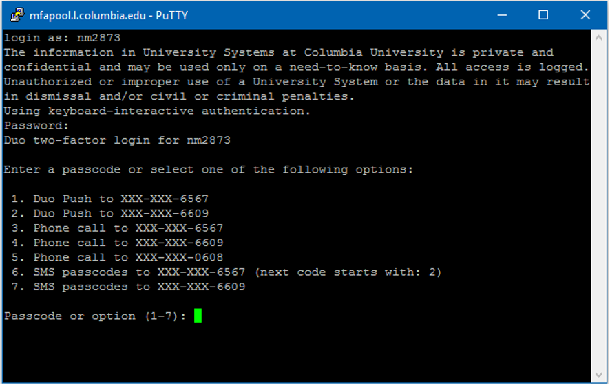 PuTTY window with a list of option for Duo two-factor login