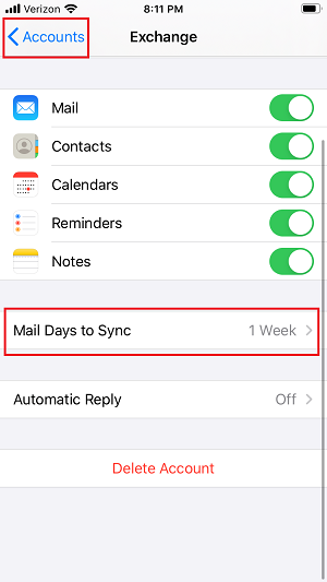 Exchange screen with Mail Days to Sync button circled and Accounts button in upper-right corner circled