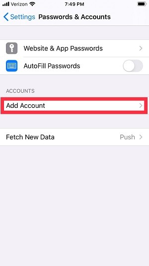 Passwords & Accounts screen with Add Account circled