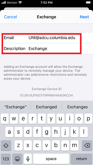 Exchange screen with Email and Description fields circled