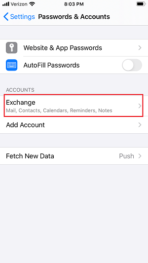 Passwords & Accounts page with Exchange option under Accounts circled