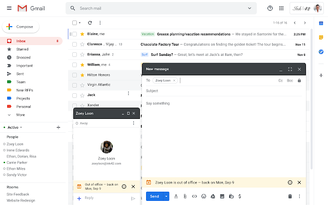 OOO notifications in Google Hangouts and Gmail